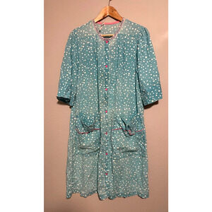 Vintage Models Coat Womens House Dress XL Blue Polka Dot Snap Button Retro 80s